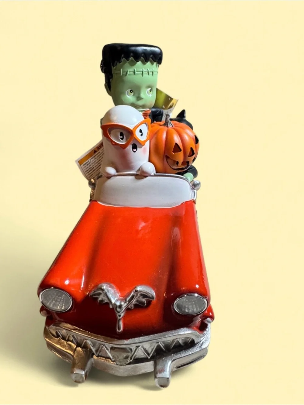 Light up halloween ceramic car with Frankenstein, pumpkin, black cat & ghost